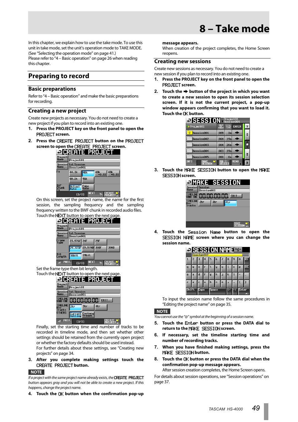 8 – take mode, Preparing to record, Basic preparations | Creating a new project, Creating new sessions | Tascam HS-4000 User Manual | Page 49 / 108