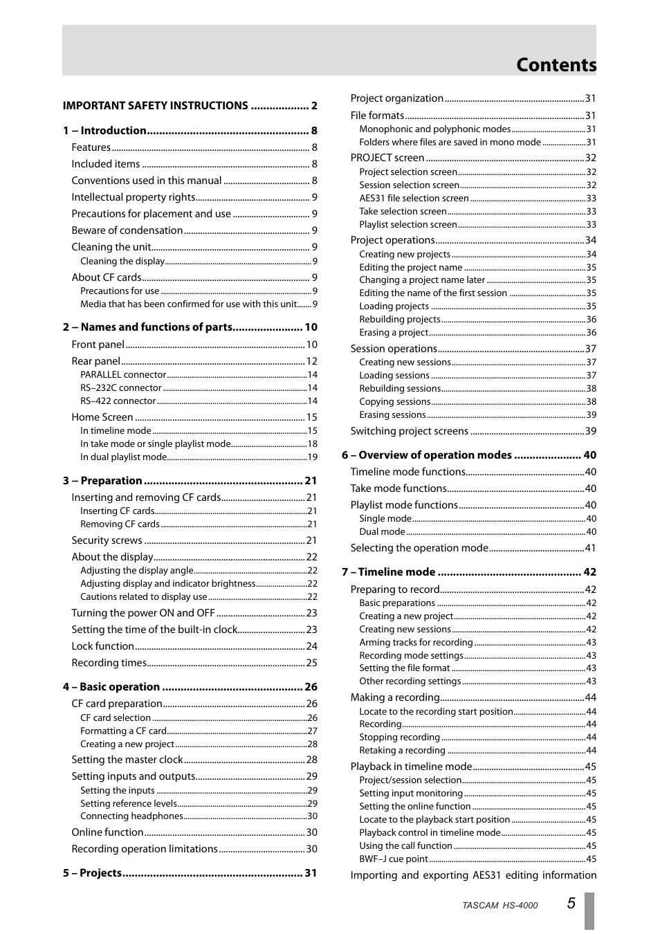 Tascam HS-4000 User Manual | Page 5 / 108