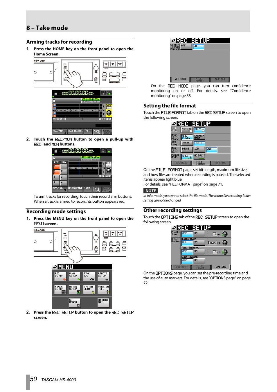 Arming tracks for recording, Recording mode settings, Setting the file format | Other recording settings, 8 – take mode | Tascam HS-4000 User Manual | Page 50 / 108