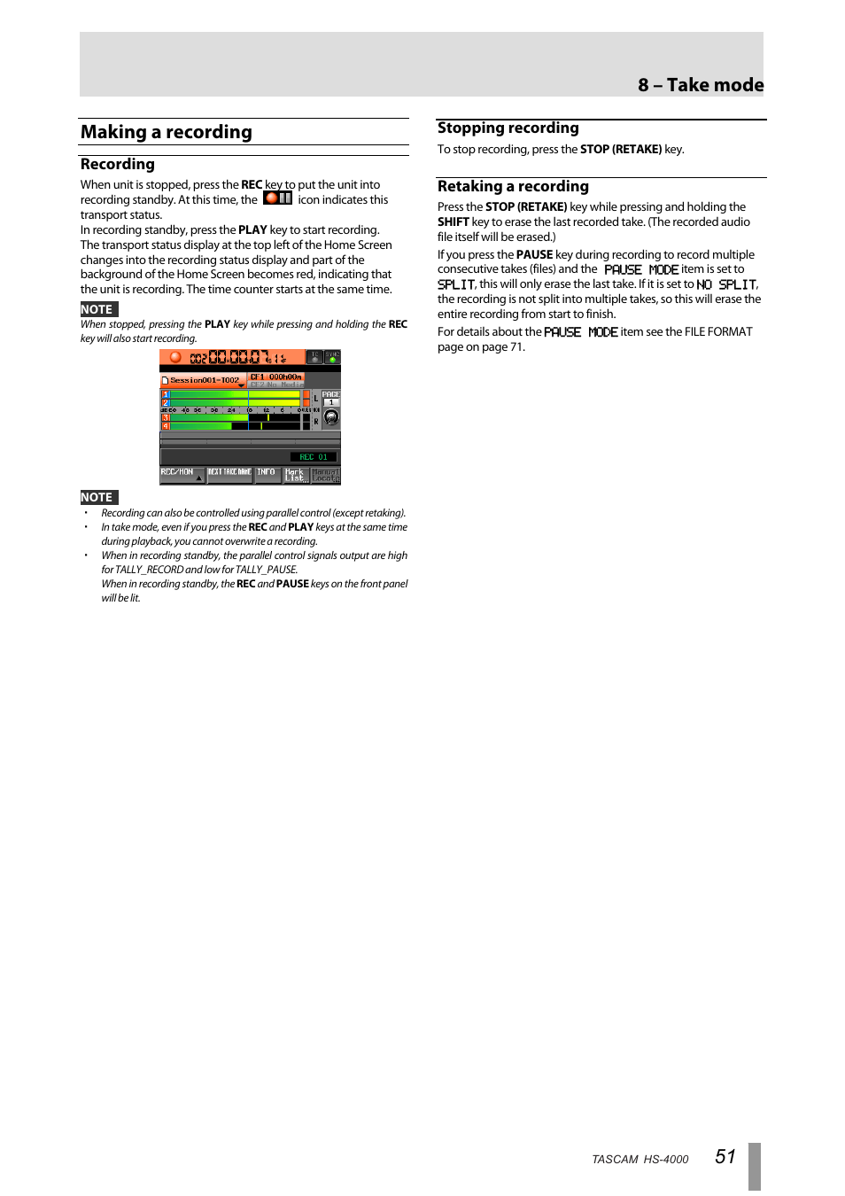 Making a recording, Recording, Stopping recording | Retaking a recording, 8 – take mode | Tascam HS-4000 User Manual | Page 51 / 108