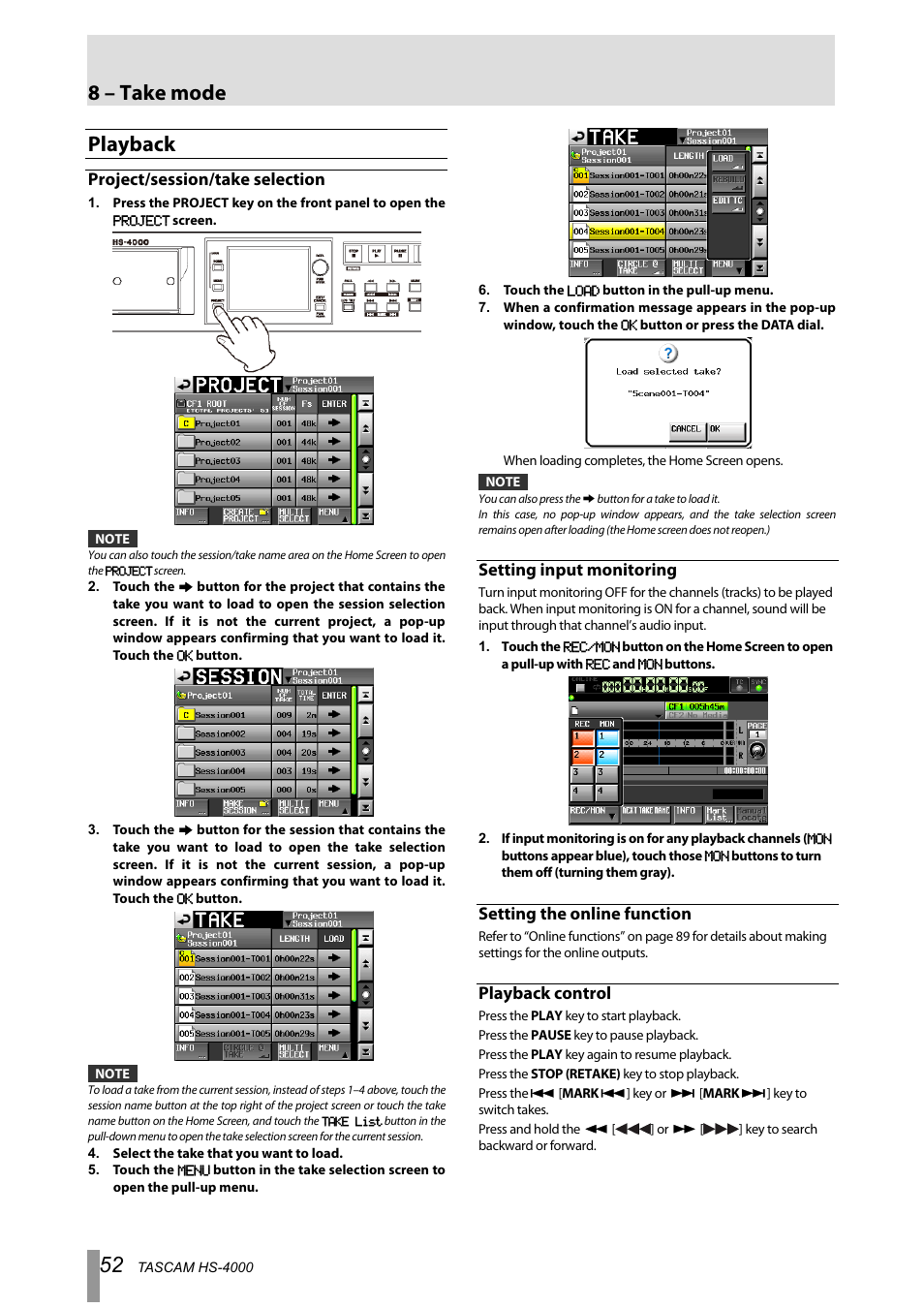 Playback, Project/session/take selection, Setting input monitoring | Setting the online function, Playback control, 8 – take mode | Tascam HS-4000 User Manual | Page 52 / 108