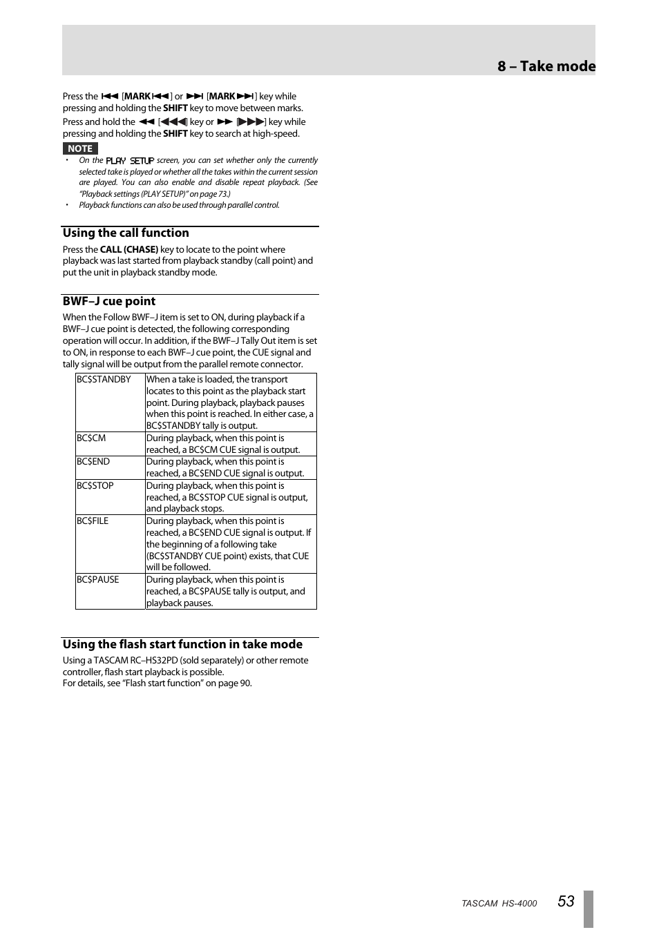 Using the call function, Bwf–j cue point, Using the flash start function in take mode | 8 – take mode | Tascam HS-4000 User Manual | Page 53 / 108