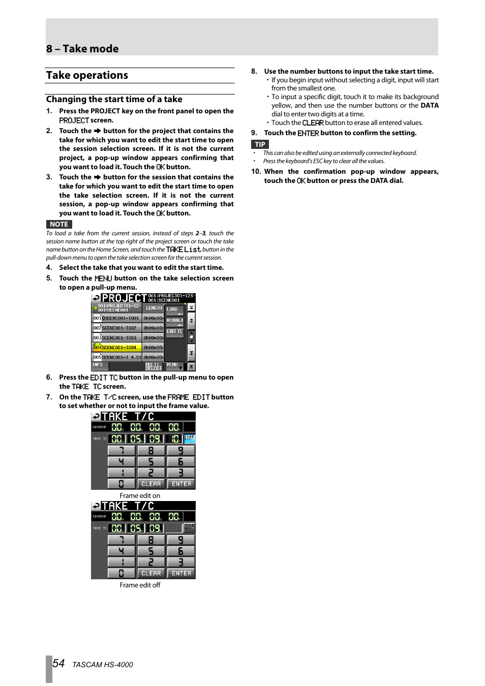 Take operations, Changing the start time of a take, 8 – take mode | Tascam HS-4000 User Manual | Page 54 / 108