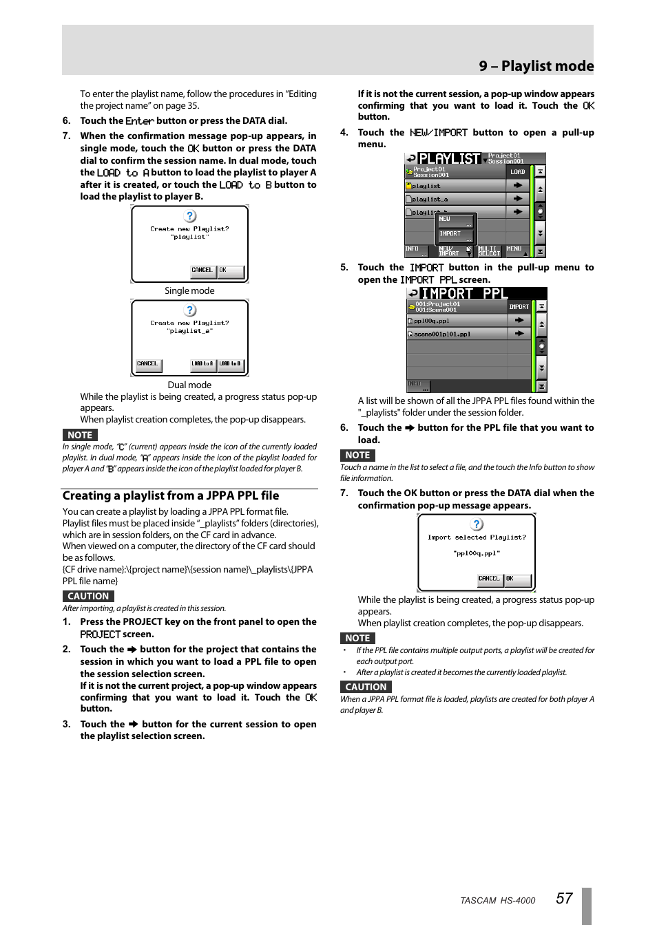 Creating a playlist from a jppa ppl file, 9 – playlist mode | Tascam HS-4000 User Manual | Page 57 / 108