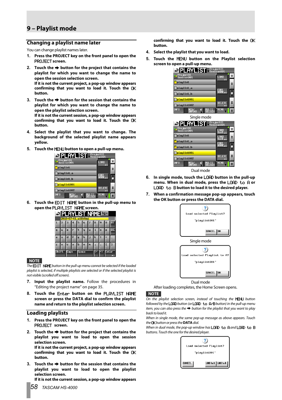 Changing a playlist name later, Loading playlists, 9 – playlist mode | Tascam HS-4000 User Manual | Page 58 / 108