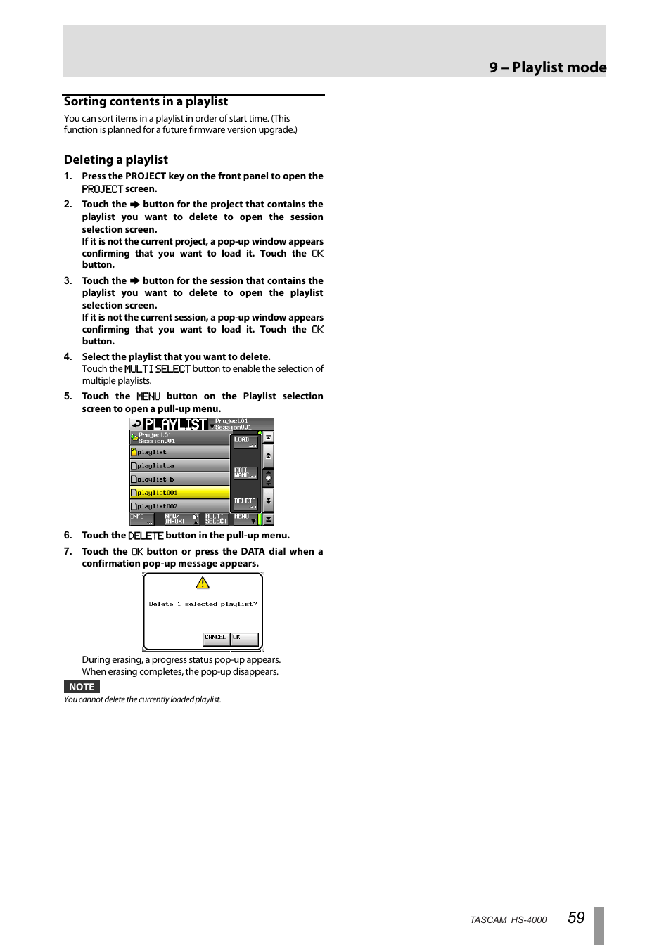 Sorting contents in a playlist, Deleting a playlist, 9 – playlist mode | Tascam HS-4000 User Manual | Page 59 / 108