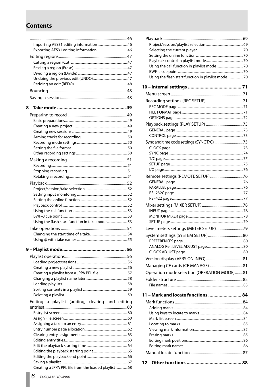 Tascam HS-4000 User Manual | Page 6 / 108