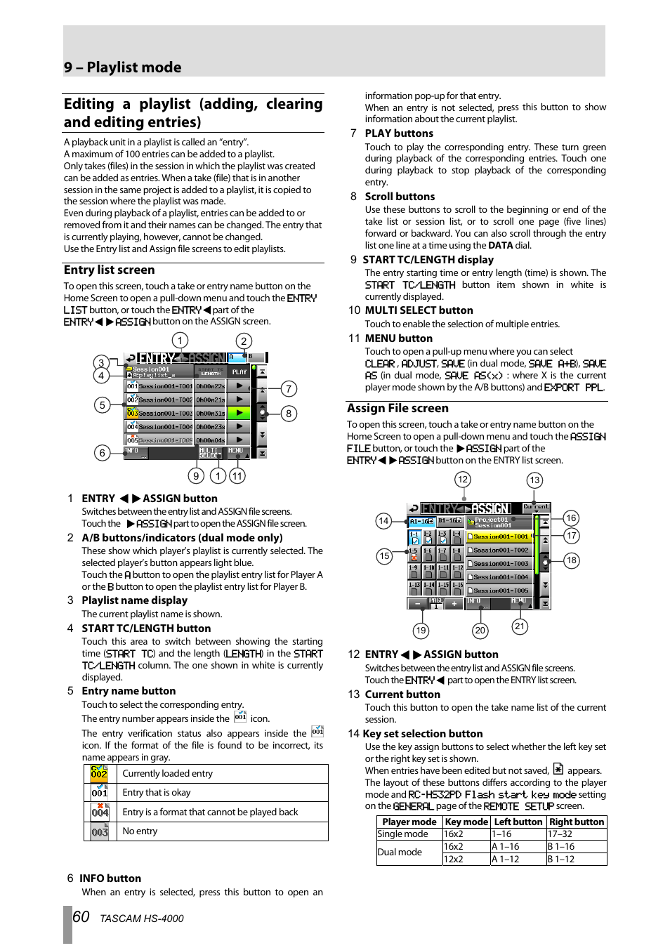 Entry list screen, Assign file screen, 9 – playlist mode | Tascam HS-4000 User Manual | Page 60 / 108