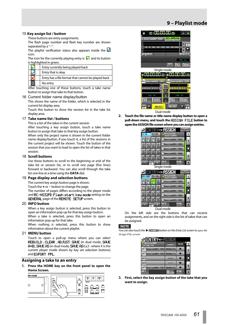 Assigning a take to an entry, 9 – playlist mode | Tascam HS-4000 User Manual | Page 61 / 108