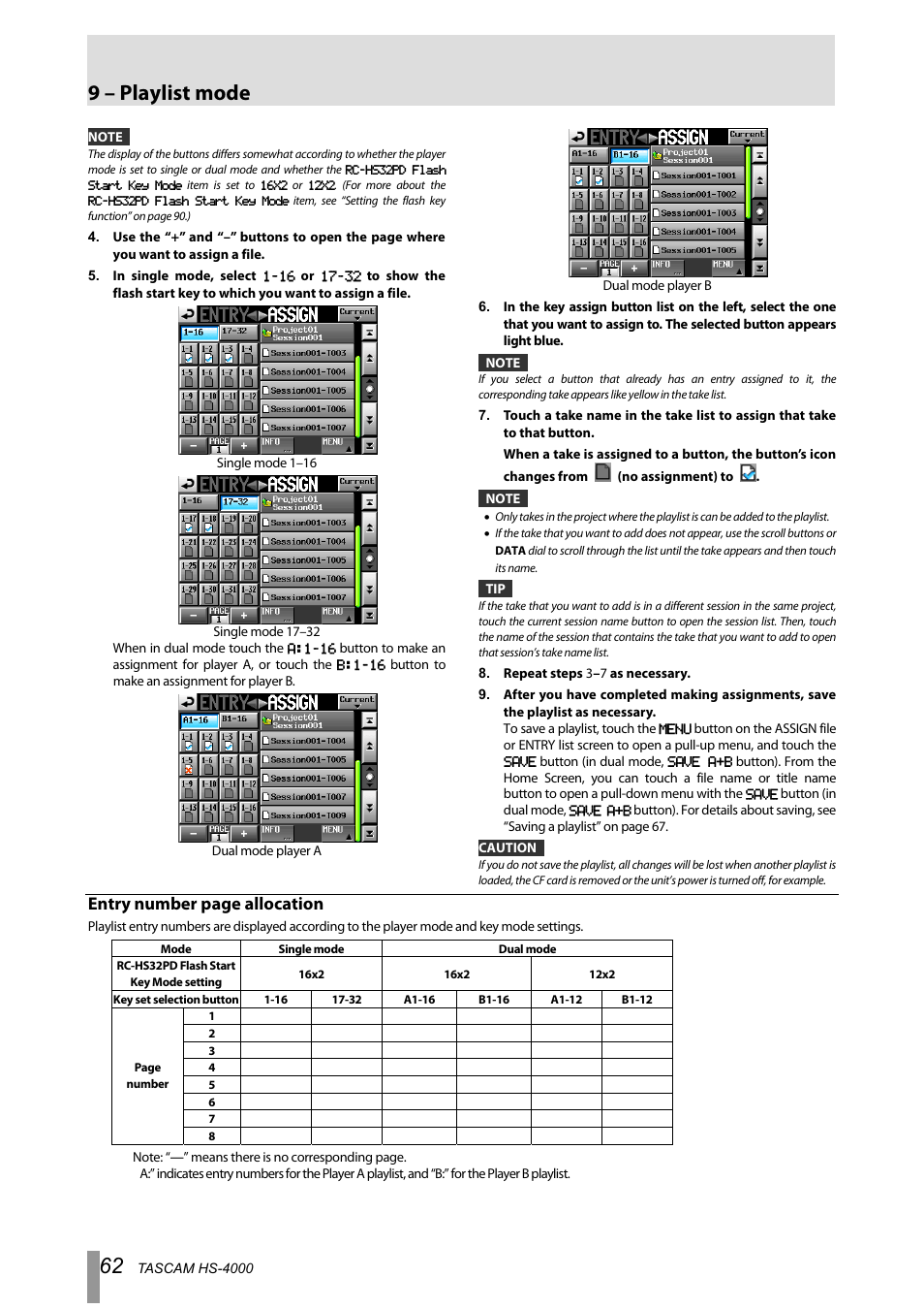 9 – playlist mode, Entry number page allocation | Tascam HS-4000 User Manual | Page 62 / 108