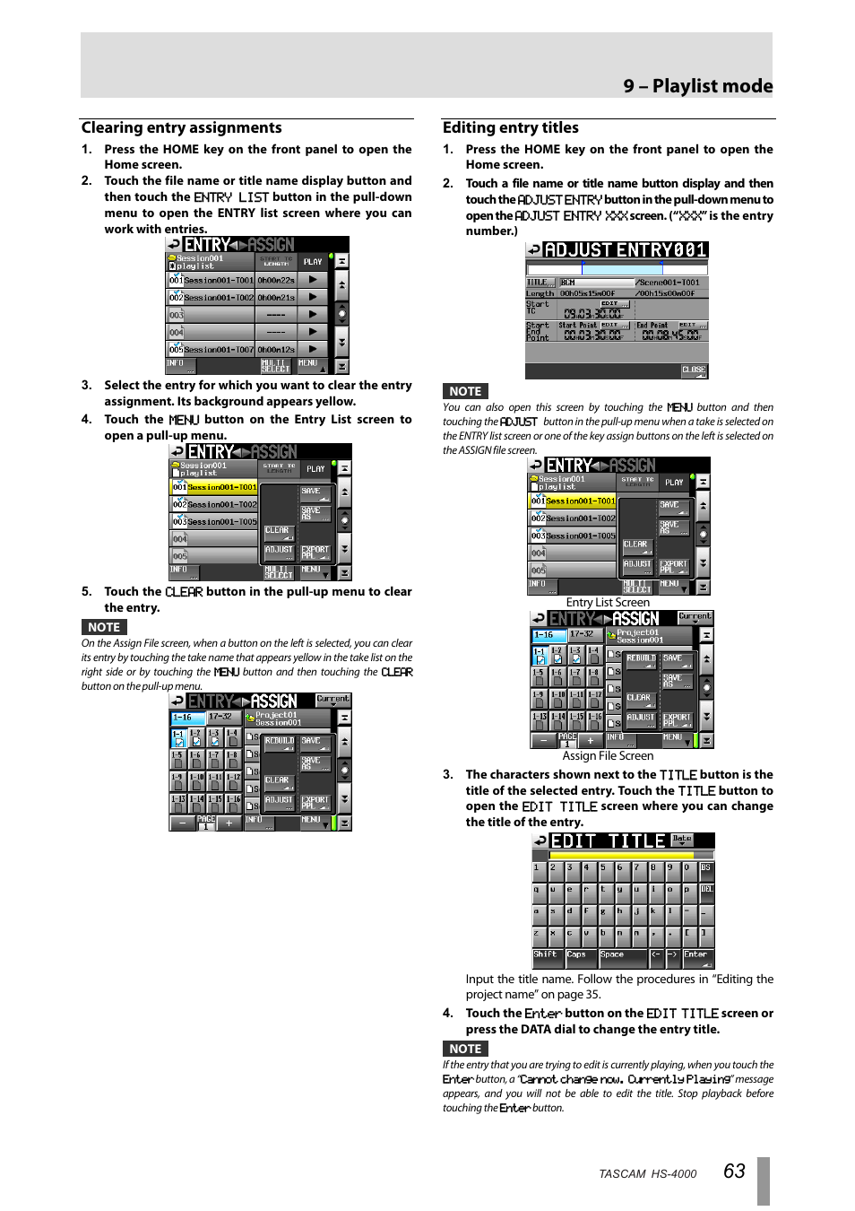 Clearing entry assignments, Editing entry titles, 9 – playlist mode | Tascam HS-4000 User Manual | Page 63 / 108