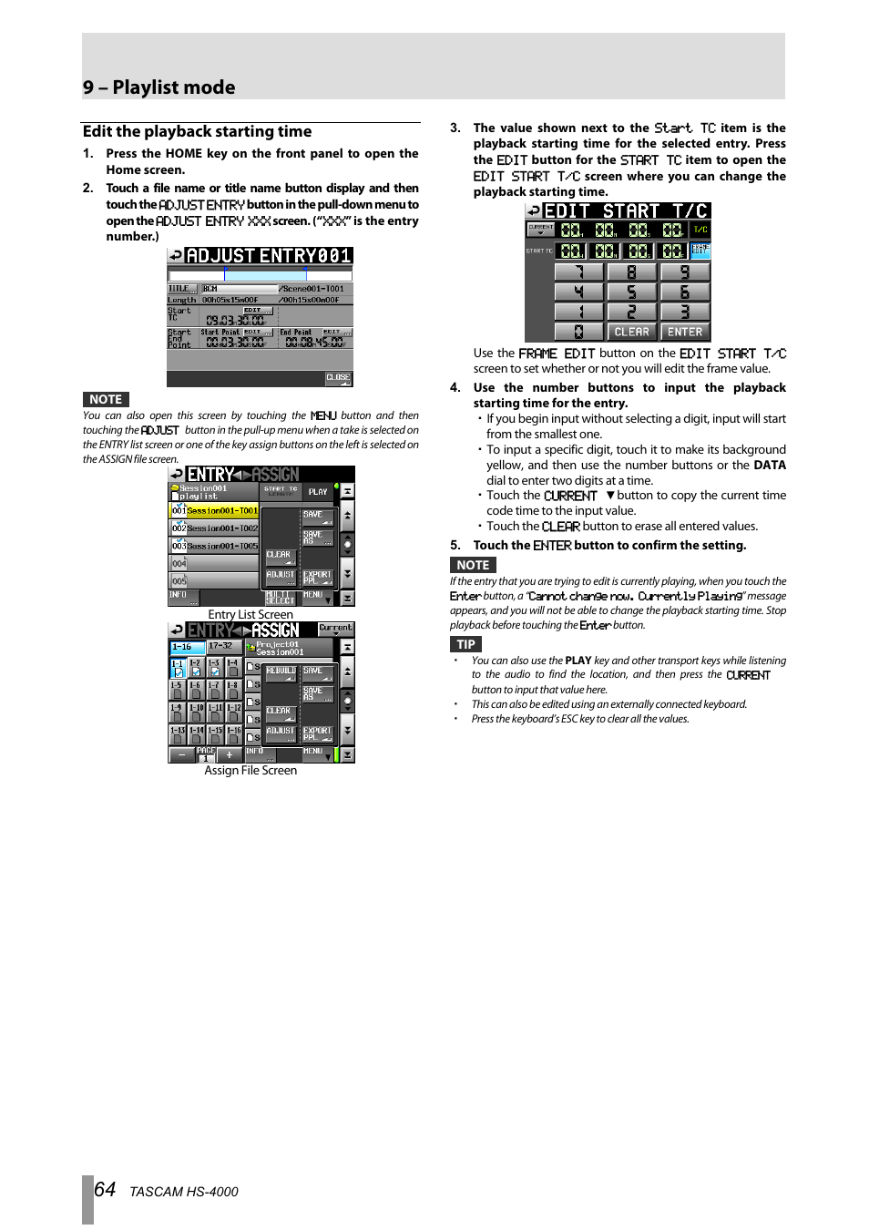 Edit the playback starting time, 9 – playlist mode | Tascam HS-4000 User Manual | Page 64 / 108