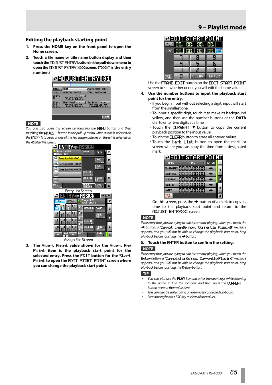 Editing the playback starting point, 9 – playlist mode | Tascam HS-4000 User Manual | Page 65 / 108