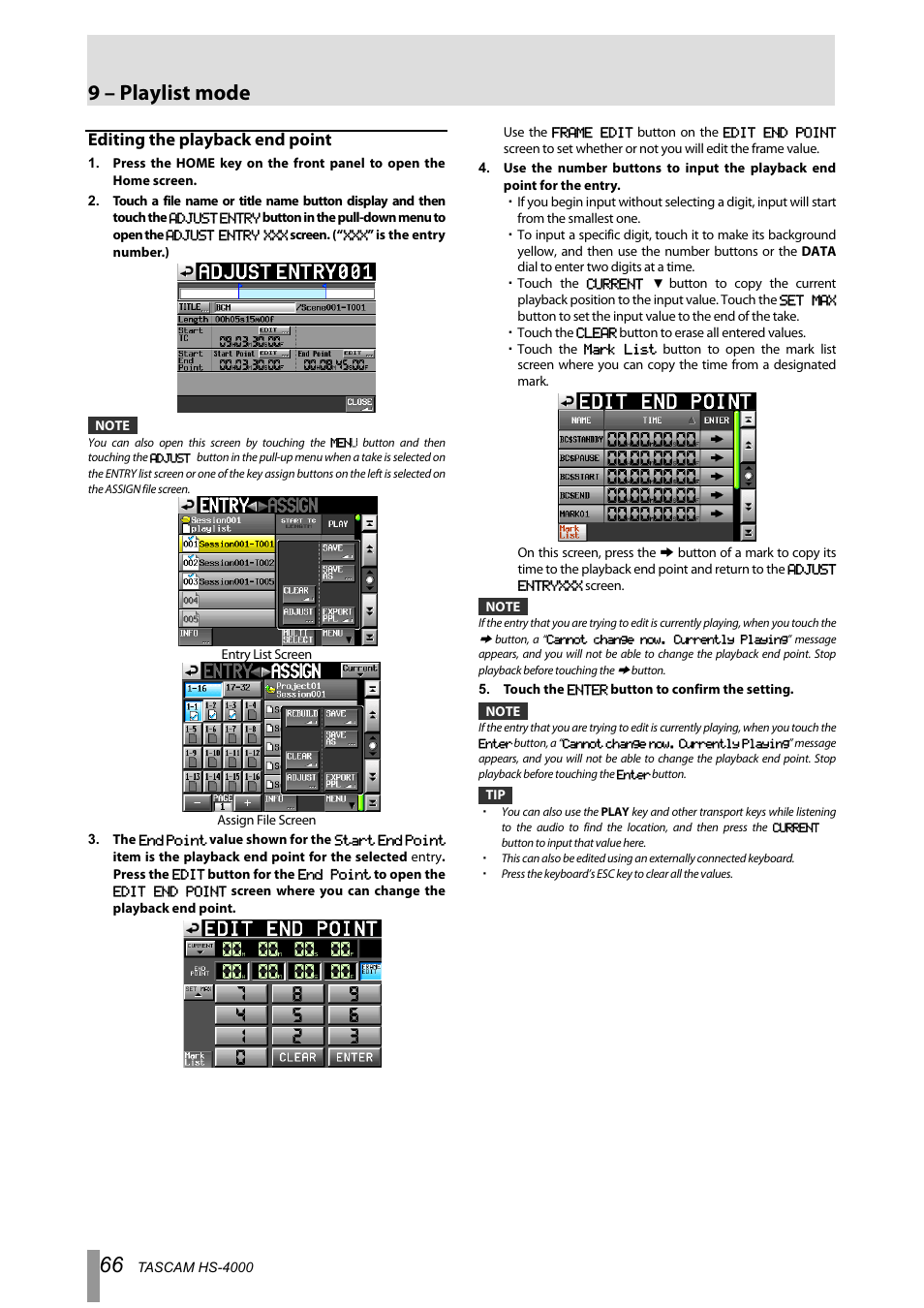 Editing the playback end point, 9 – playlist mode | Tascam HS-4000 User Manual | Page 66 / 108