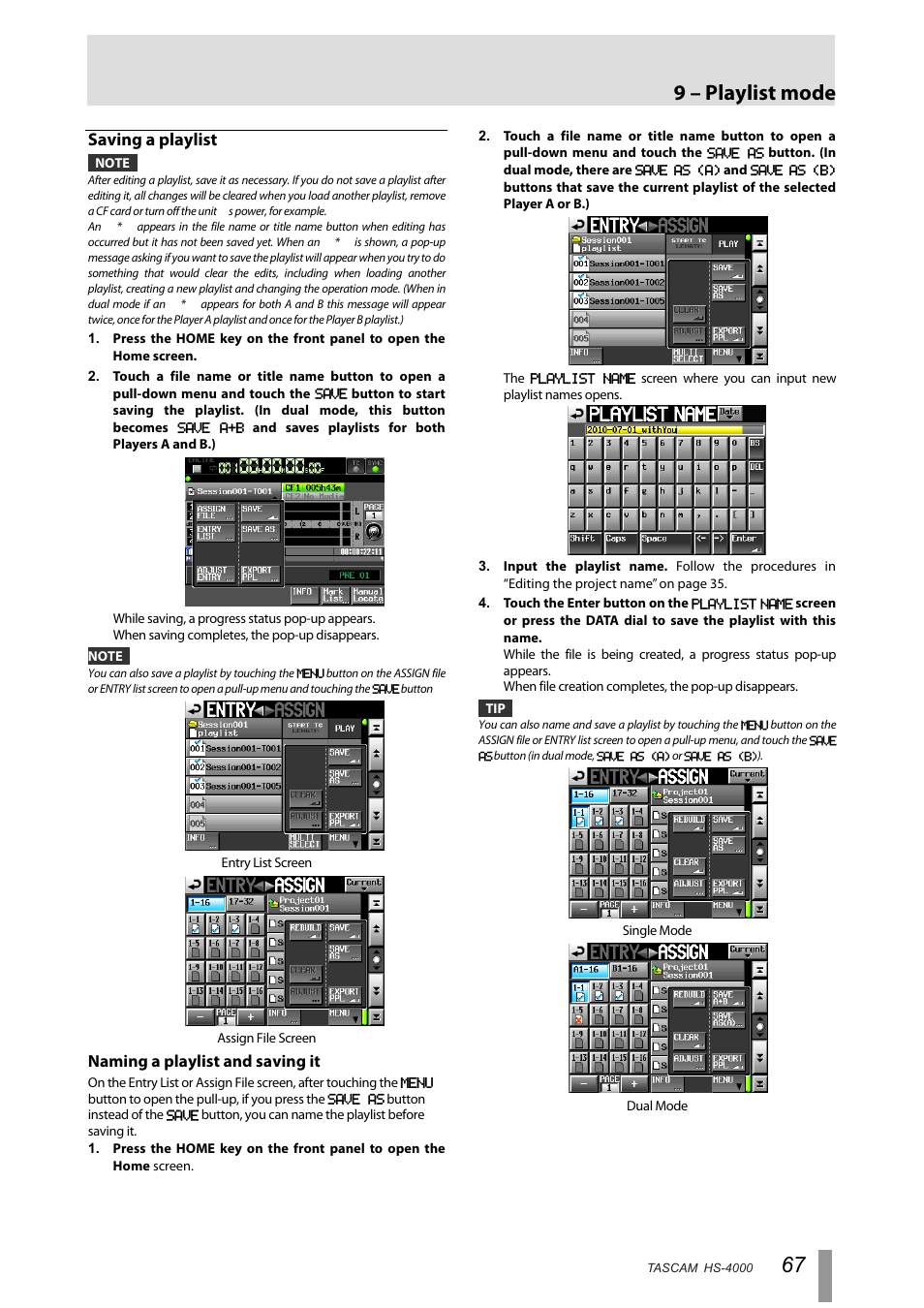 Saving a playlist, 9 – playlist mode, Naming a playlist and saving it | Tascam HS-4000 User Manual | Page 67 / 108