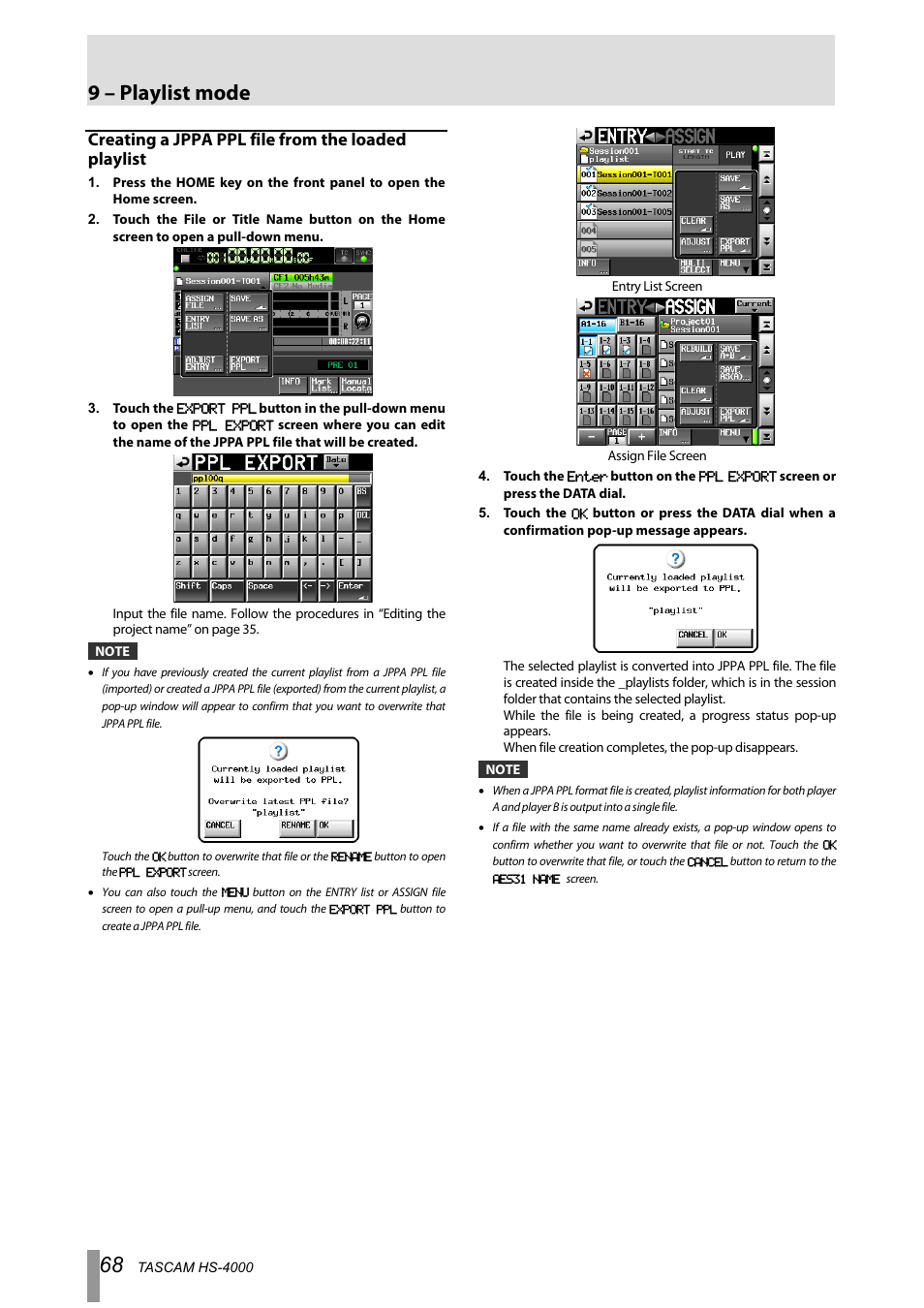 Creating a jppa ppl file from the loaded playlist, 9 – playlist mode | Tascam HS-4000 User Manual | Page 68 / 108