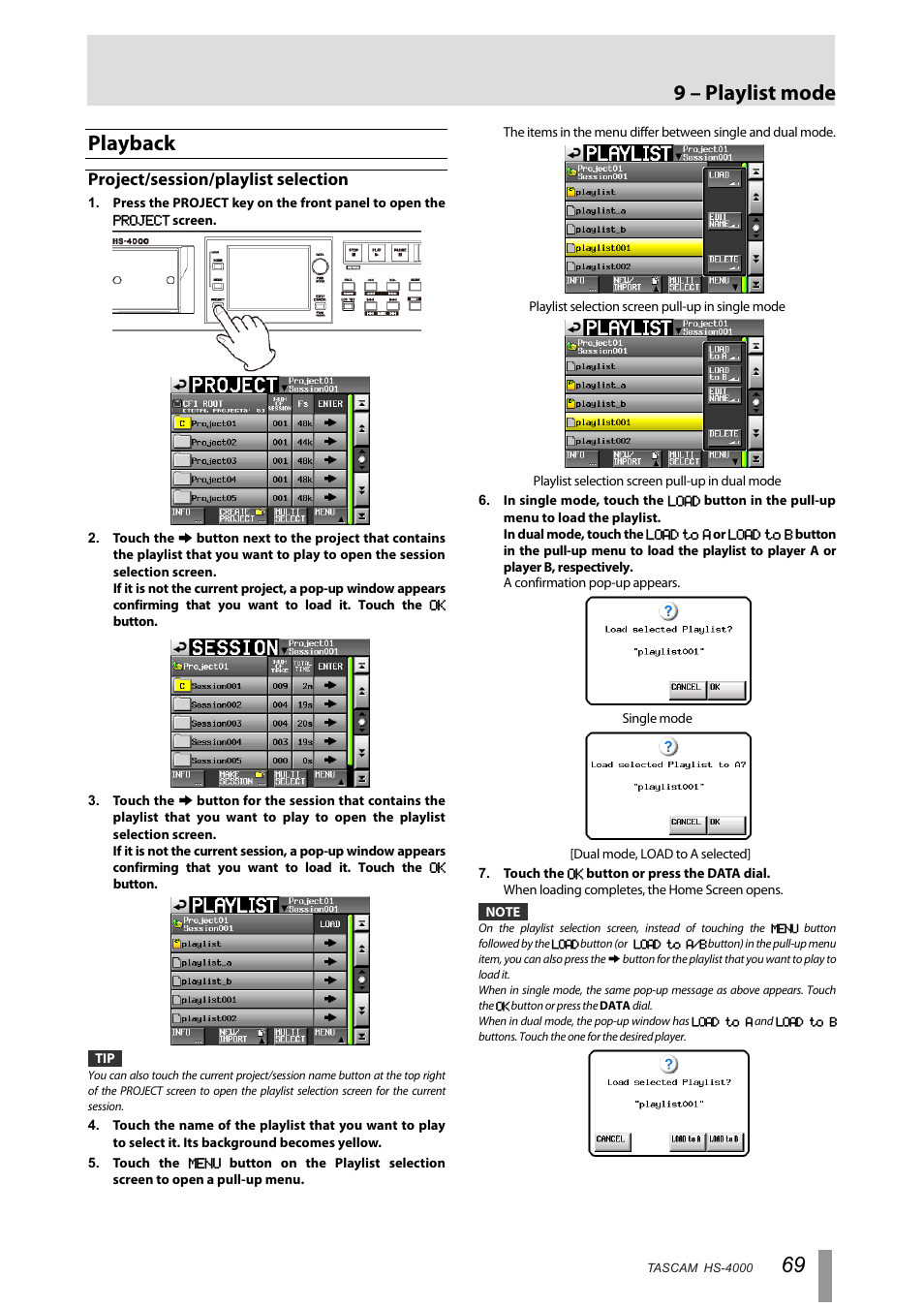 Playback, Project/session/playlist selection, 9 – playlist mode | Tascam HS-4000 User Manual | Page 69 / 108