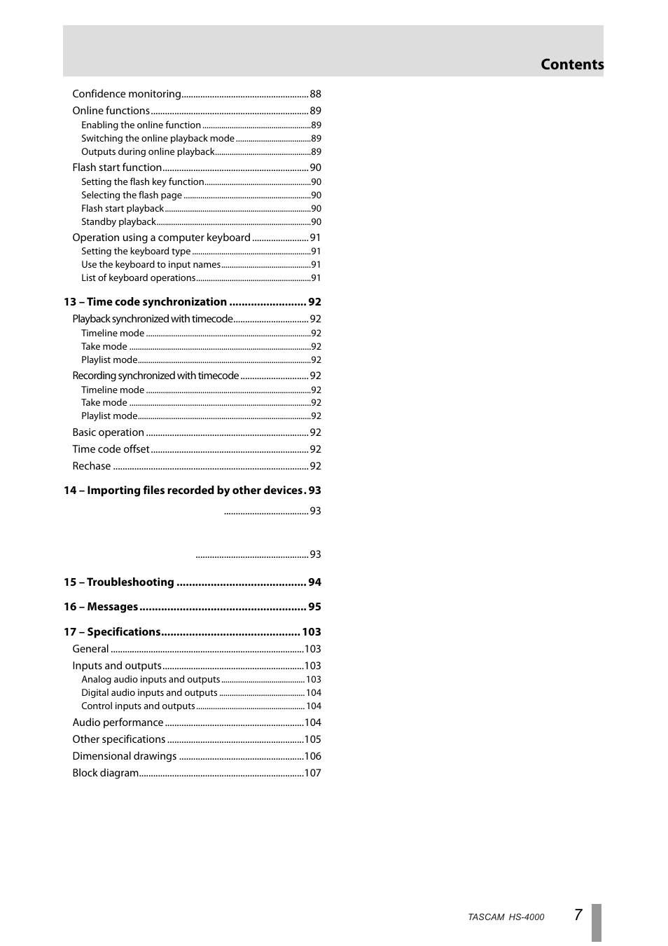 Tascam HS-4000 User Manual | Page 7 / 108