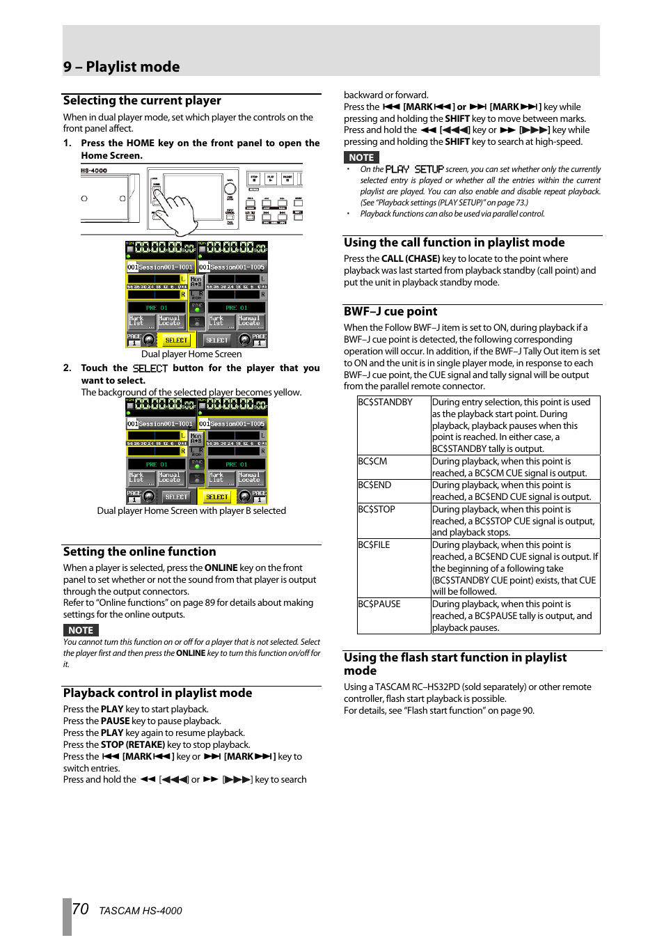 Selecting the current player, Setting the online function, Playback control in playlist mode | Using the call function in playlist mode, Bwf–j cue point, Using the flash start function in playlist mode, 9 – playlist mode | Tascam HS-4000 User Manual | Page 70 / 108