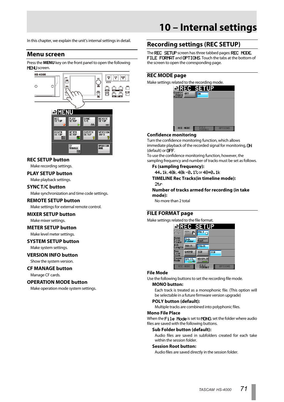 10 – internal settings, Menu screen, Recording settings (rec setup) | Tascam HS-4000 User Manual | Page 71 / 108