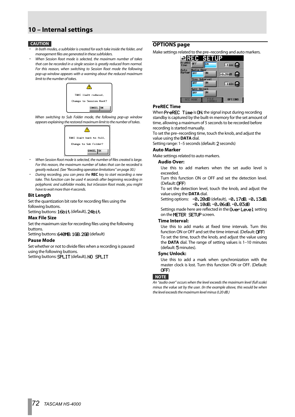 10 – internal settings, Options page | Tascam HS-4000 User Manual | Page 72 / 108