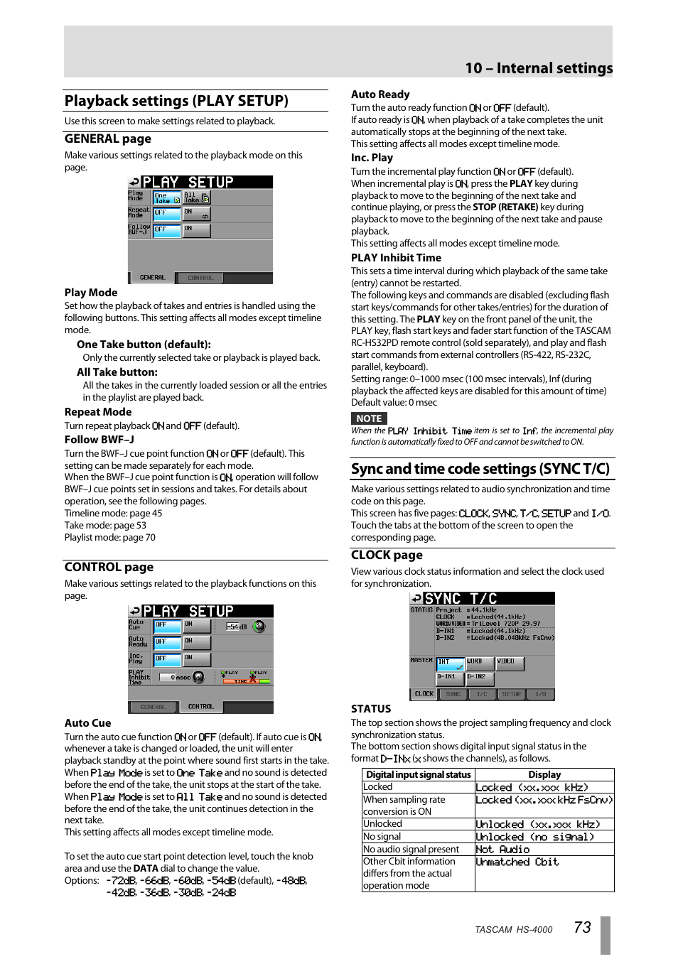 Playback settings (play setup), Sync and time code settings (sync t/c), 10 – internal settings | General page, Control page, Clock page | Tascam HS-4000 User Manual | Page 73 / 108