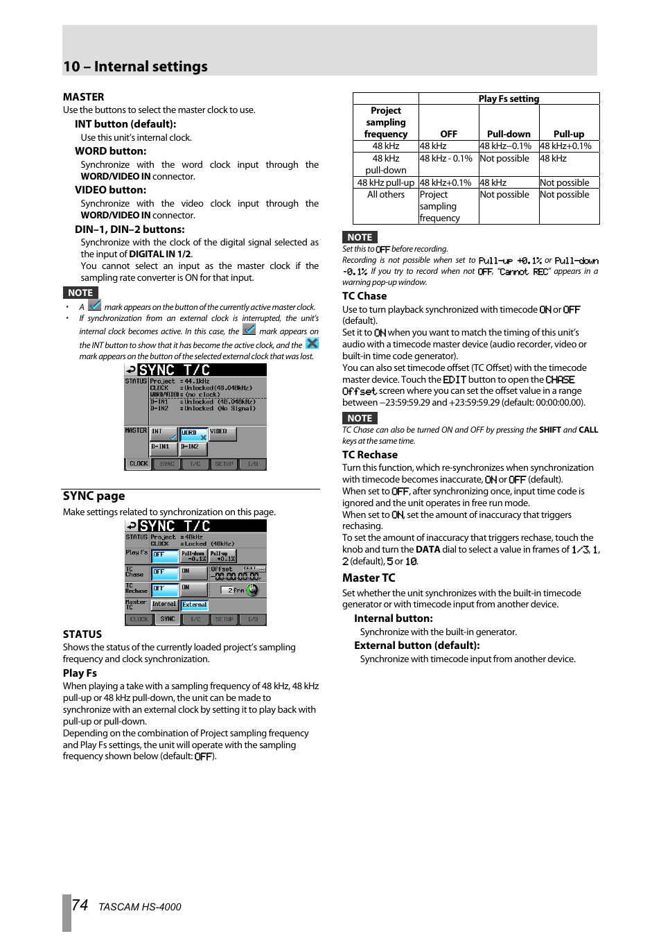 10 – internal settings, Sync page | Tascam HS-4000 User Manual | Page 74 / 108