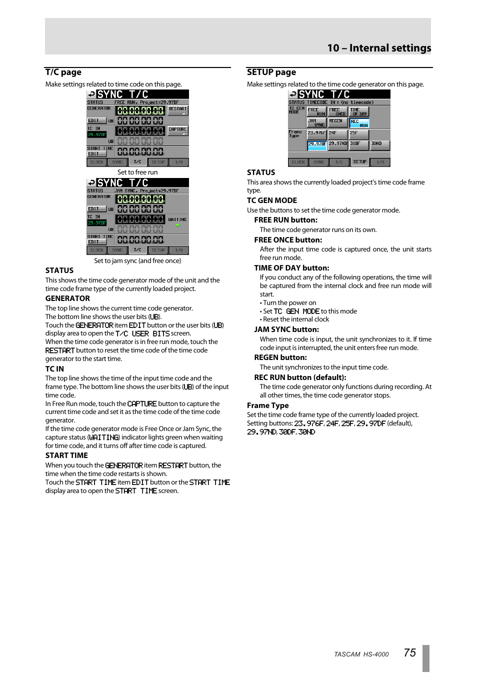 10 – internal settings, T/c page, Setup page | Tascam HS-4000 User Manual | Page 75 / 108