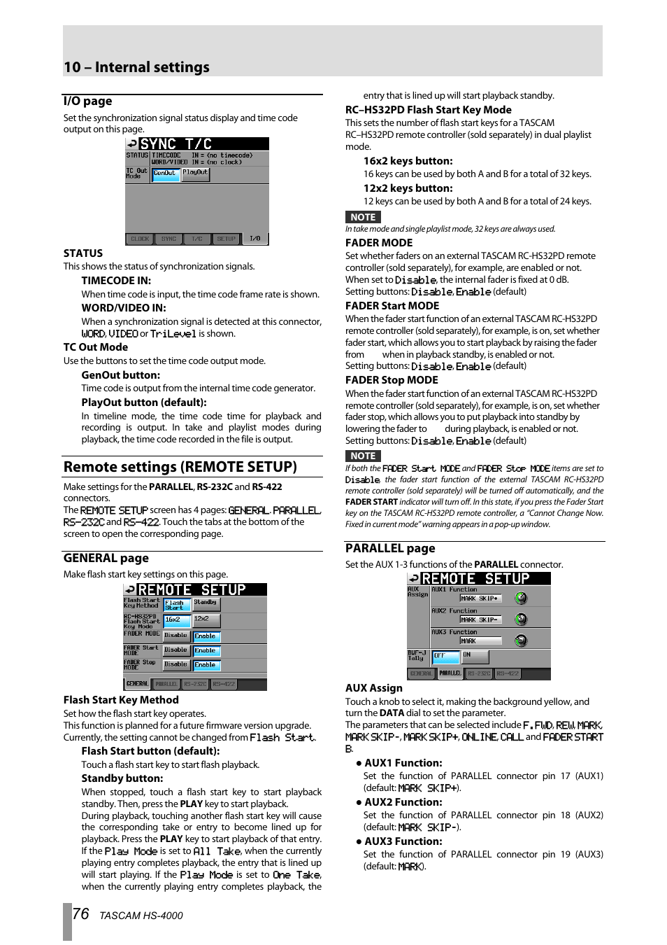 Remote settings (remote setup), 10 – internal settings, I/o page | General page, Parallel page | Tascam HS-4000 User Manual | Page 76 / 108