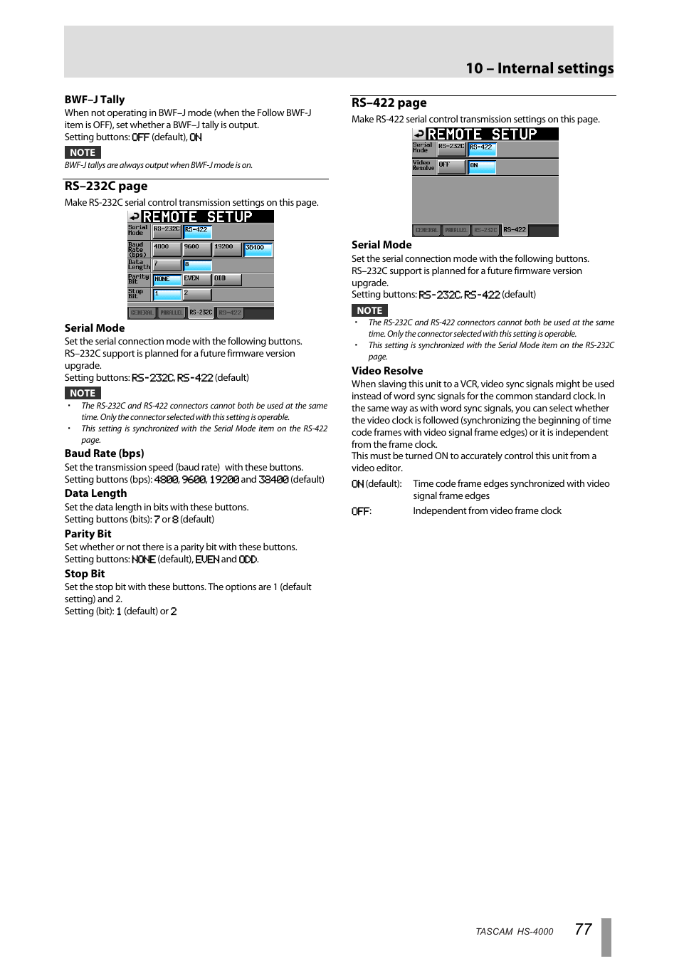 10 – internal settings, Rs–232c page, Rs–422 page | Tascam HS-4000 User Manual | Page 77 / 108