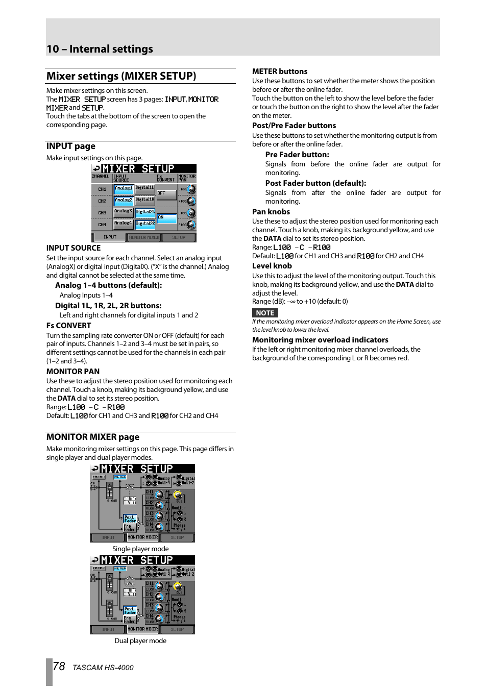 Mixer settings (mixer setup), 10 – internal settings, Input page | Monitor mixer page | Tascam HS-4000 User Manual | Page 78 / 108