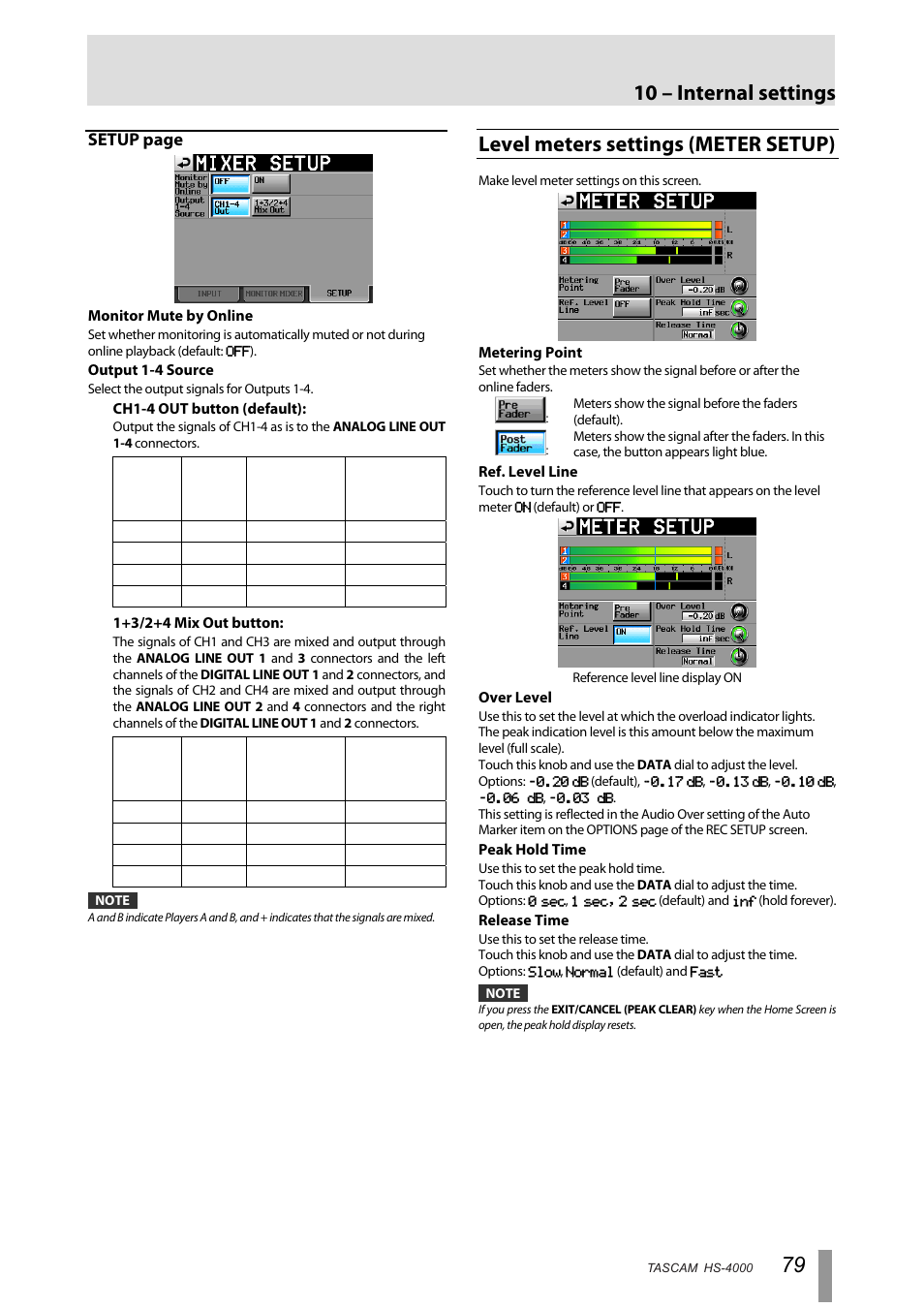 Level meters settings (meter setup), 10 – internal settings, Setup page | Tascam HS-4000 User Manual | Page 79 / 108