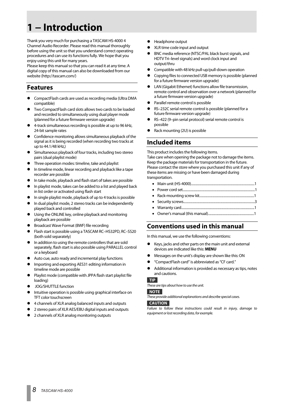 1 − introduction, Features, Included items | Conventions used in this manual | Tascam HS-4000 User Manual | Page 8 / 108