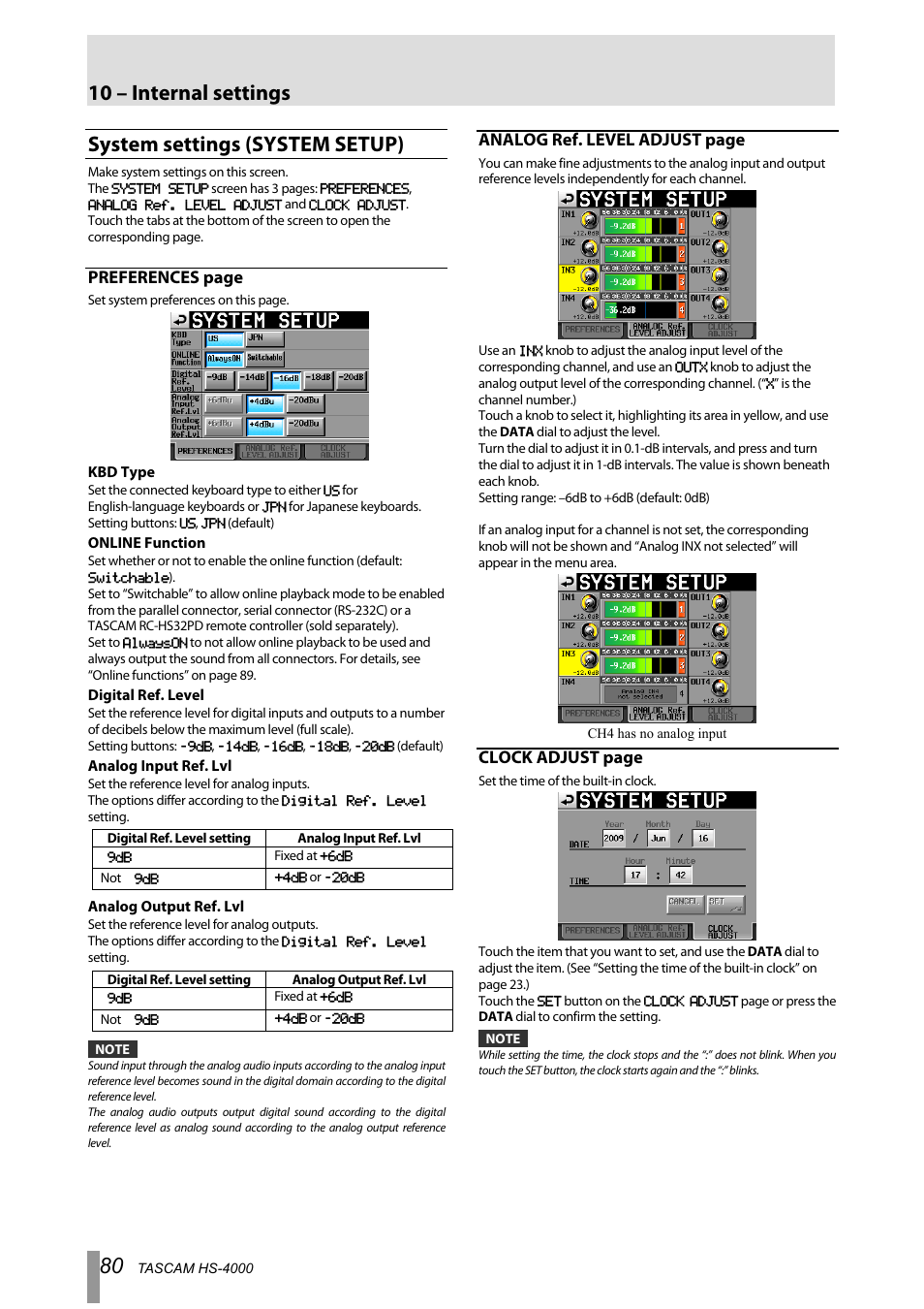 System settings (system setup), 10 – internal settings, Preferences page | Analog ref. level adjust page, Clock adjust page | Tascam HS-4000 User Manual | Page 80 / 108