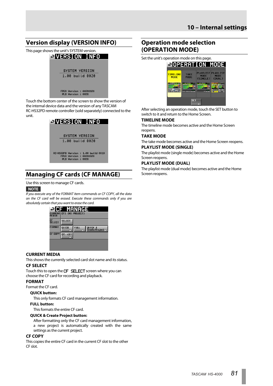 Version display (version info), Managing cf cards (cf manage), Operation mode selection (operation mode) | 10 – internal settings | Tascam HS-4000 User Manual | Page 81 / 108