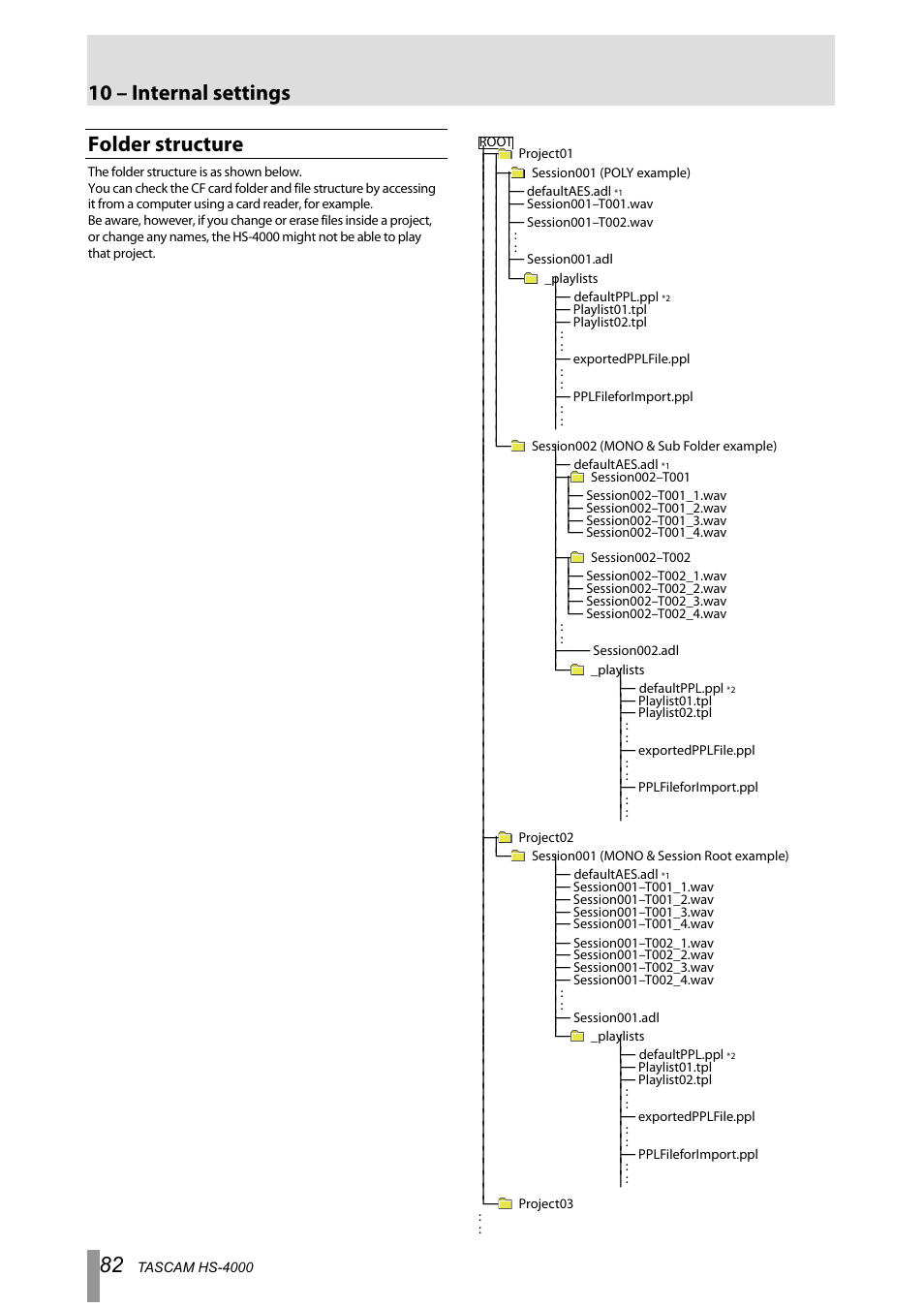 Folder structure, 10 – internal settings | Tascam HS-4000 User Manual | Page 82 / 108