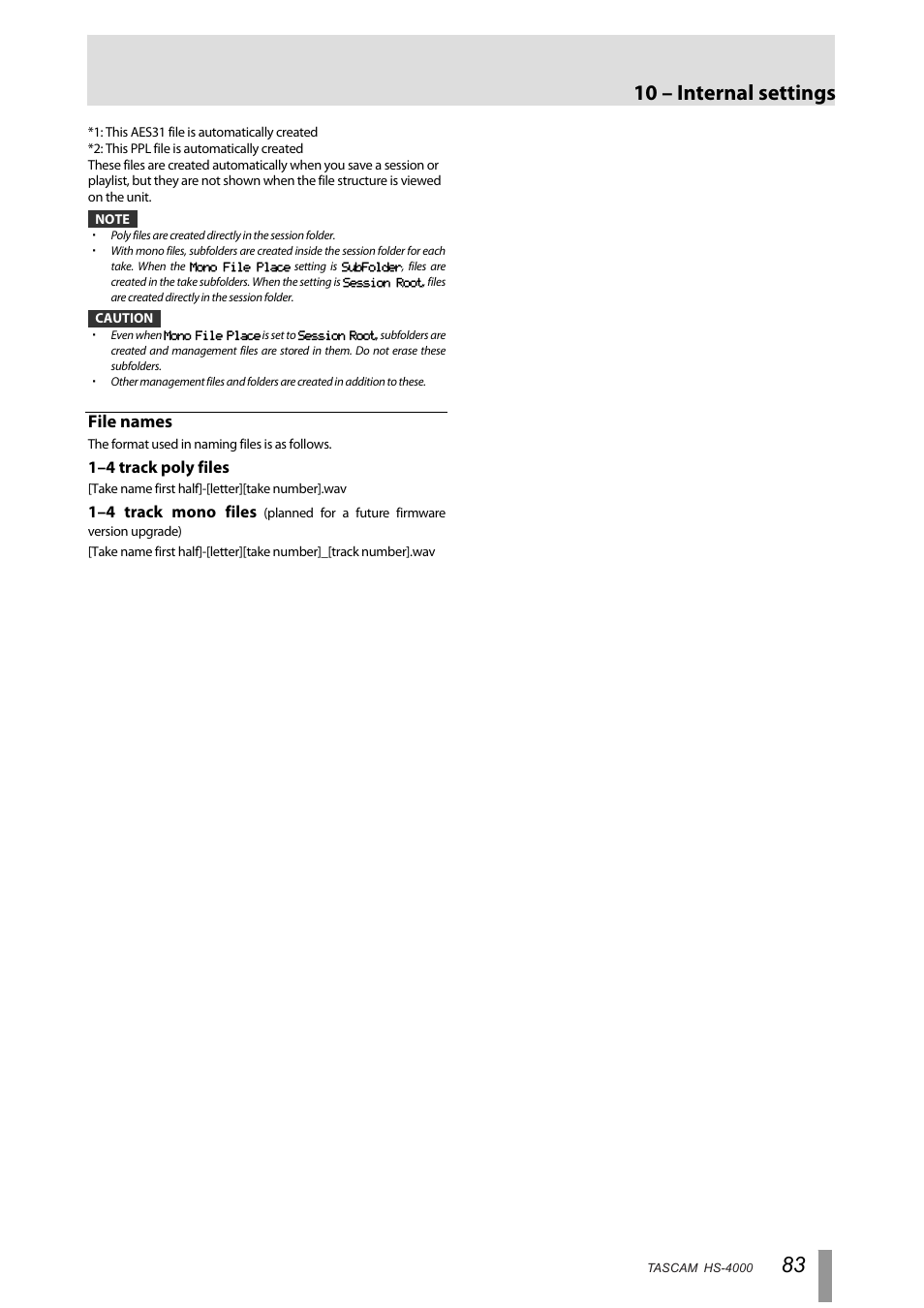 File names, 10 – internal settings | Tascam HS-4000 User Manual | Page 83 / 108