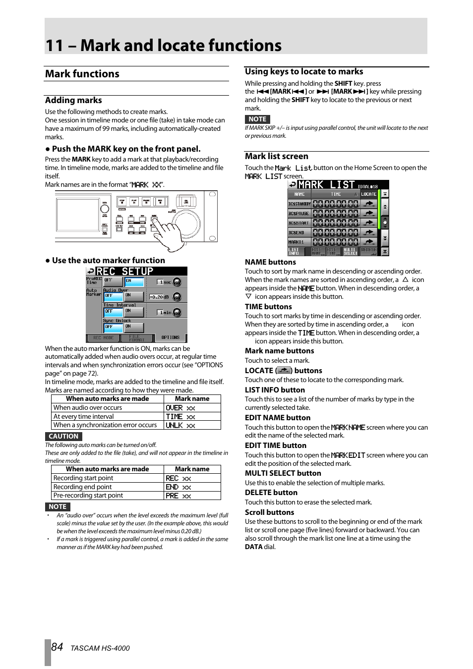 11 – mark and locate functions, Mark functions, Adding marks | Using keys to locate to marks, Mark list screen | Tascam HS-4000 User Manual | Page 84 / 108