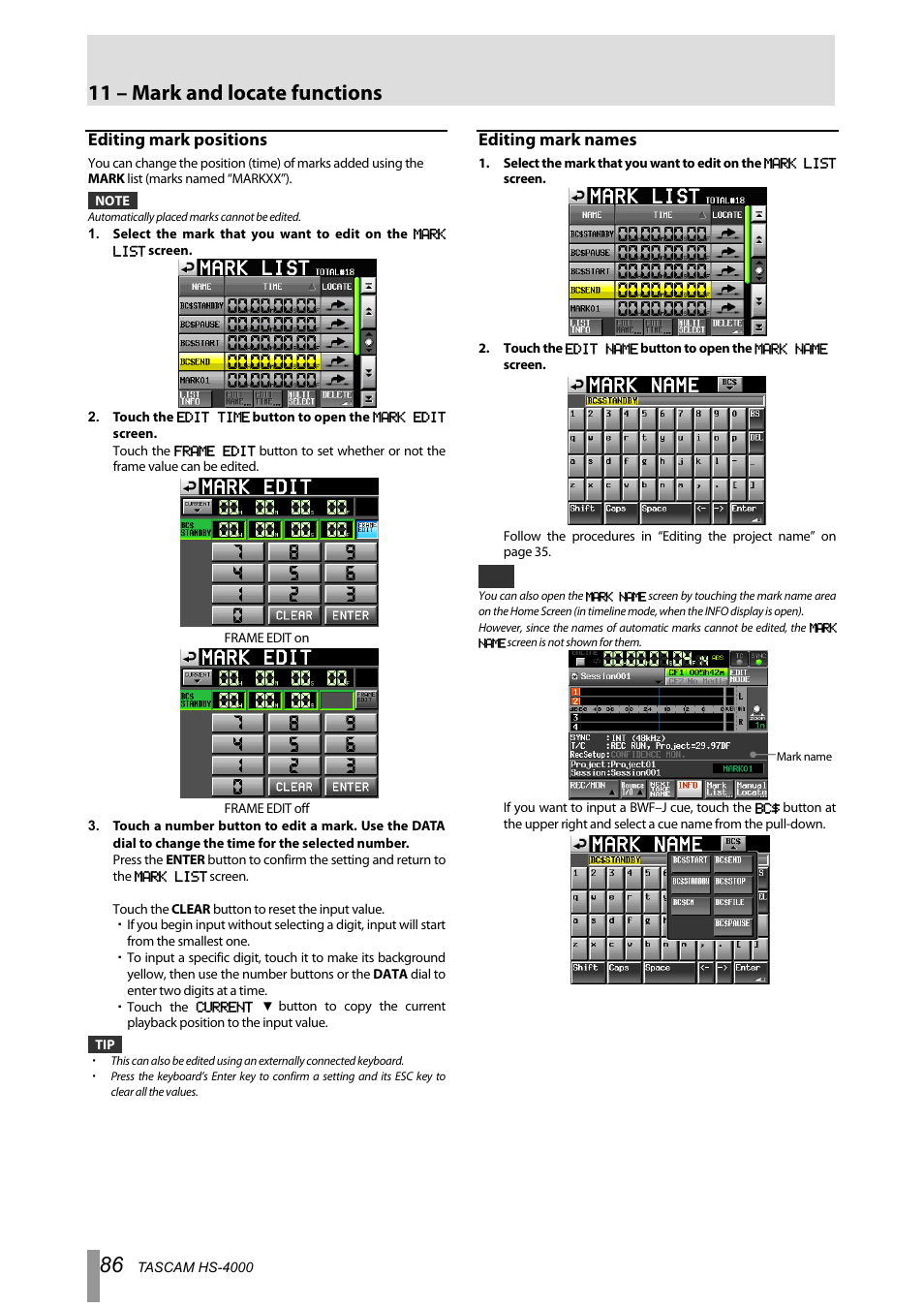 Editing mark positions, Editing mark names, 11 – mark and locate functions | Tascam HS-4000 User Manual | Page 86 / 108