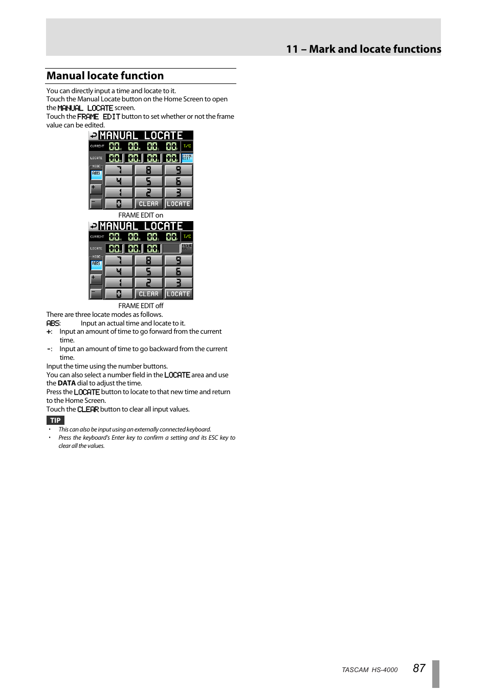 Manual locate function, 11 – mark and locate functions | Tascam HS-4000 User Manual | Page 87 / 108