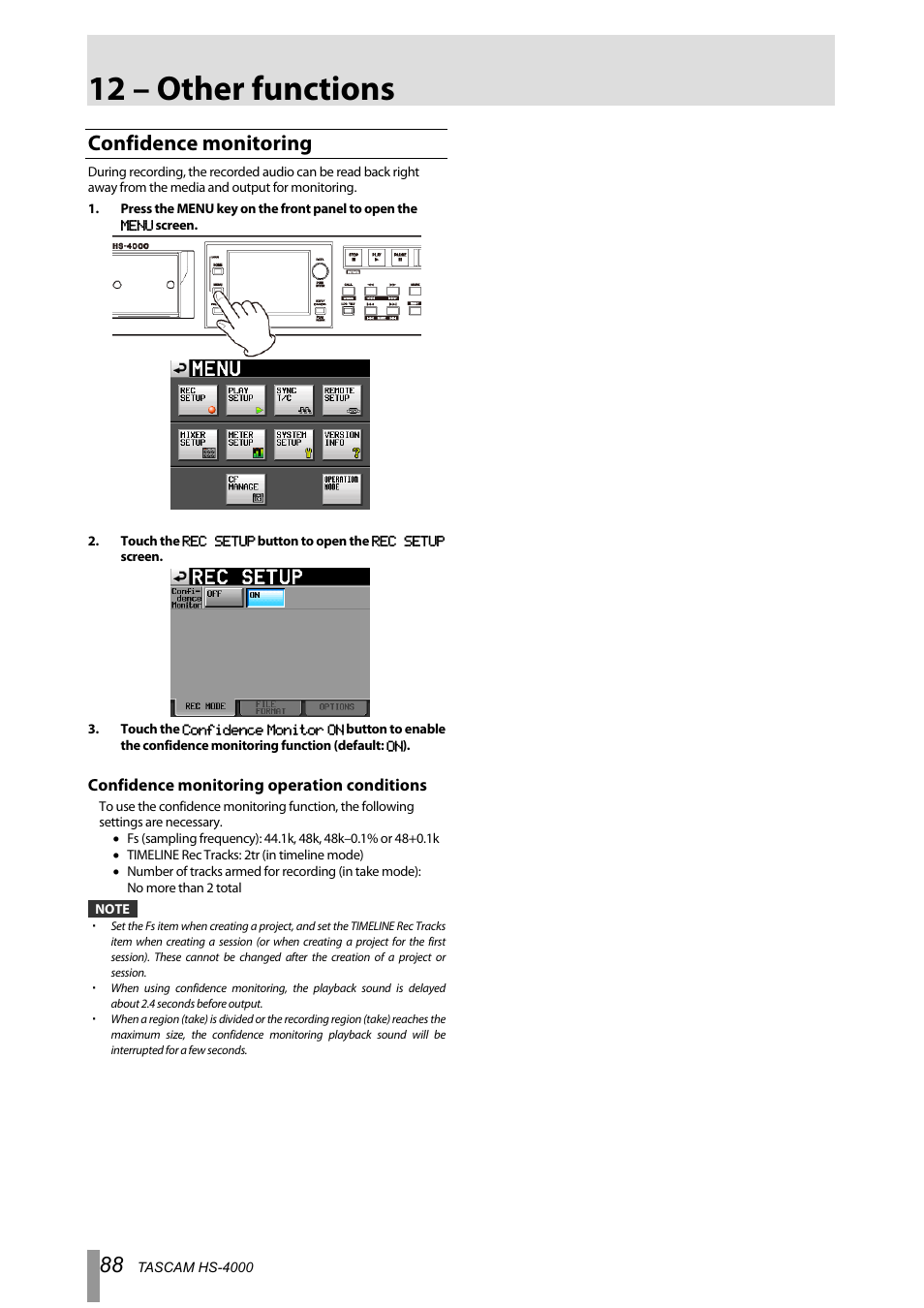 12 – other functions, Confidence monitoring | Tascam HS-4000 User Manual | Page 88 / 108