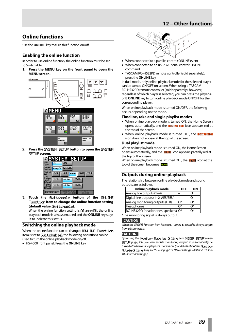 Online functions, Enabling the online function, Switching the online playback mode | Outputs during online playback, 12 – other functions | Tascam HS-4000 User Manual | Page 89 / 108