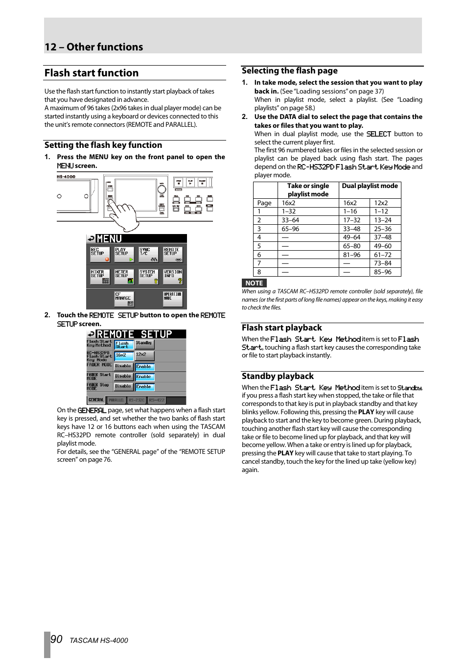 Flash start function, Setting the flash key function, Flash start playback | Standby playback, 12 – other functions, Selecting the flash page | Tascam HS-4000 User Manual | Page 90 / 108