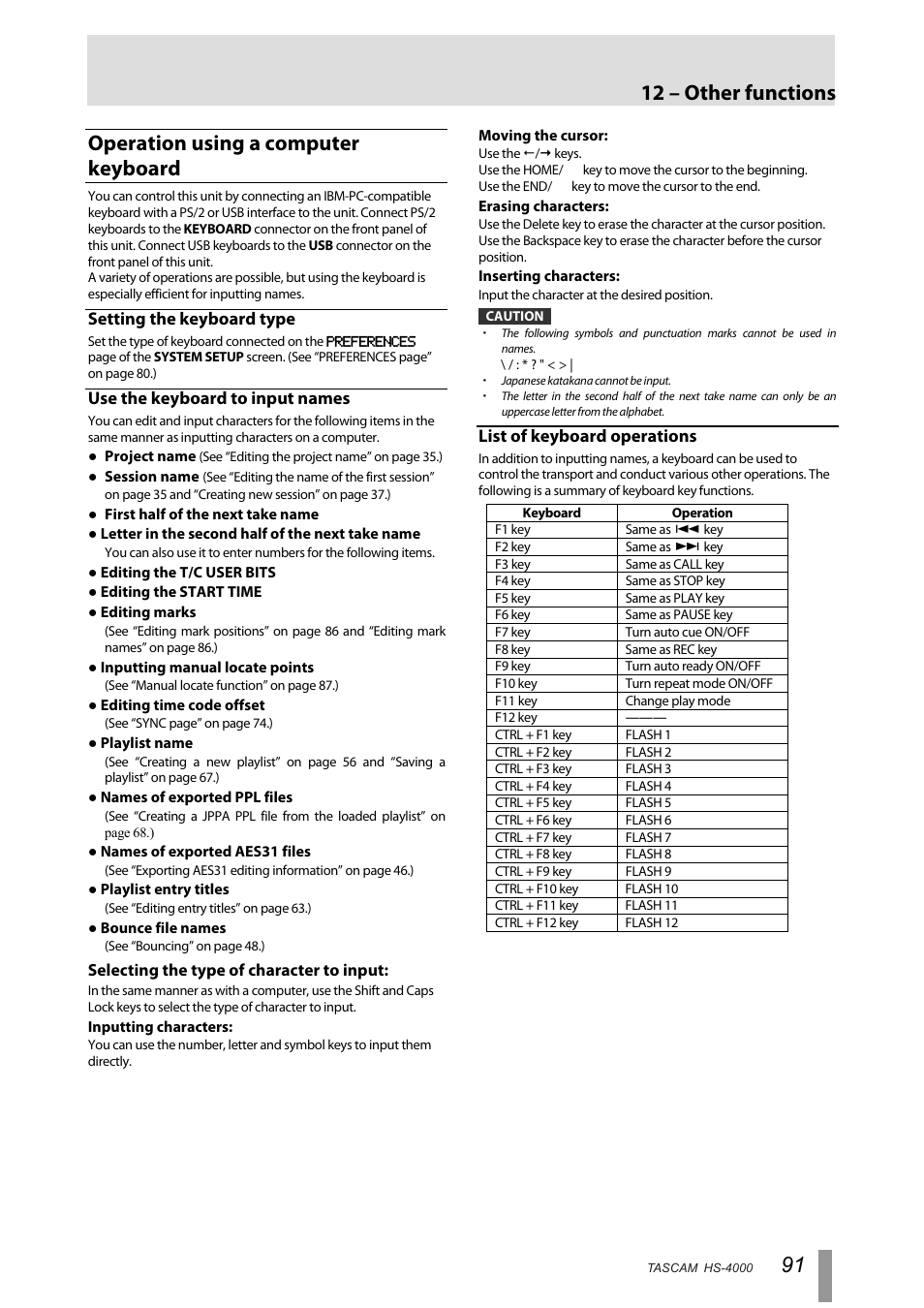 Operation using a computer keyboard, Setting the keyboard type, Use the keyboard to input names | List of keyboard operations, 12 – other functions | Tascam HS-4000 User Manual | Page 91 / 108