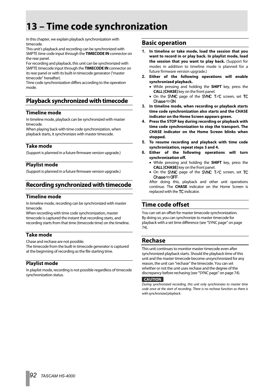 13 – time code synchronization, Playback synchronized with timecode, Timeline mode | Take mode, Playlist mode, Recording synchronized with timecode, Basic operation, Time code offset, Rechase | Tascam HS-4000 User Manual | Page 92 / 108