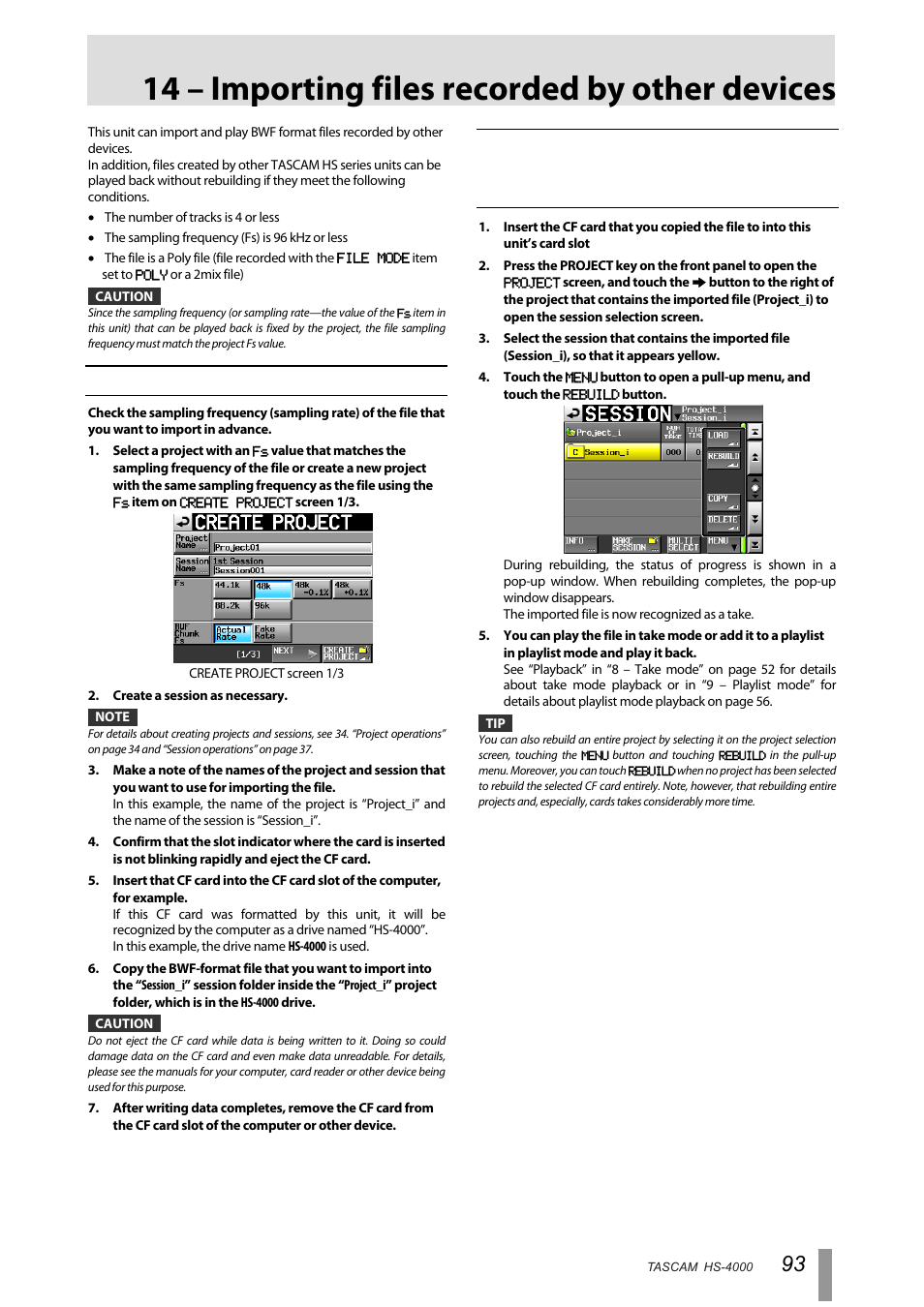 14 – importing files recorded by other devices, Preparation before importing, 14 – importing files recorded by other devices. 93 | Tascam HS-4000 User Manual | Page 93 / 108