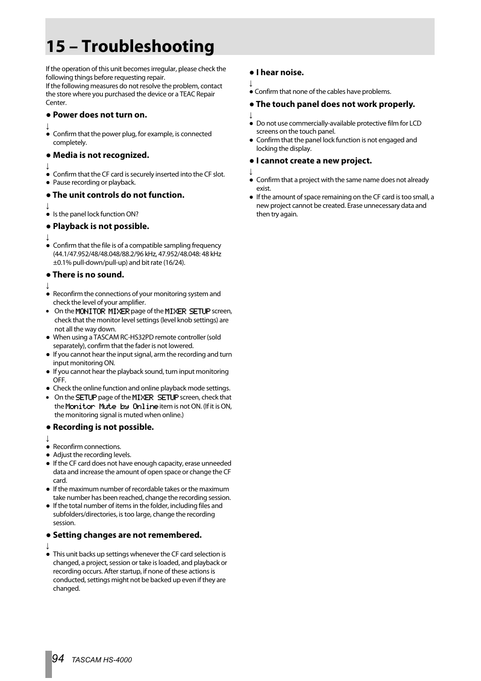 15 – troubleshooting | Tascam HS-4000 User Manual | Page 94 / 108