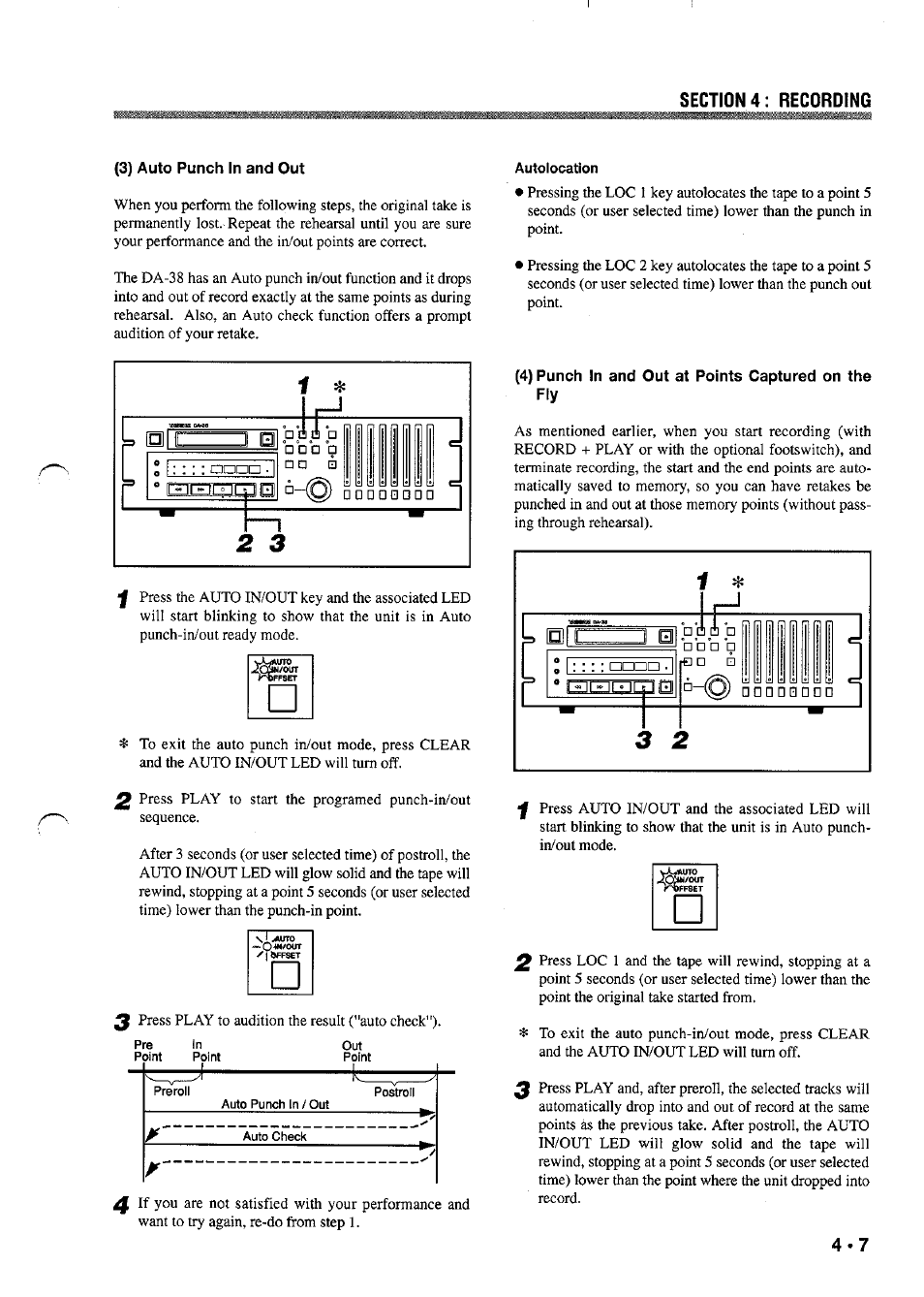 3) auto punch in and out, Autolocation, 4) punch in and out at points captured on the fly | Tascam DA-38 User Manual | Page 13 / 37