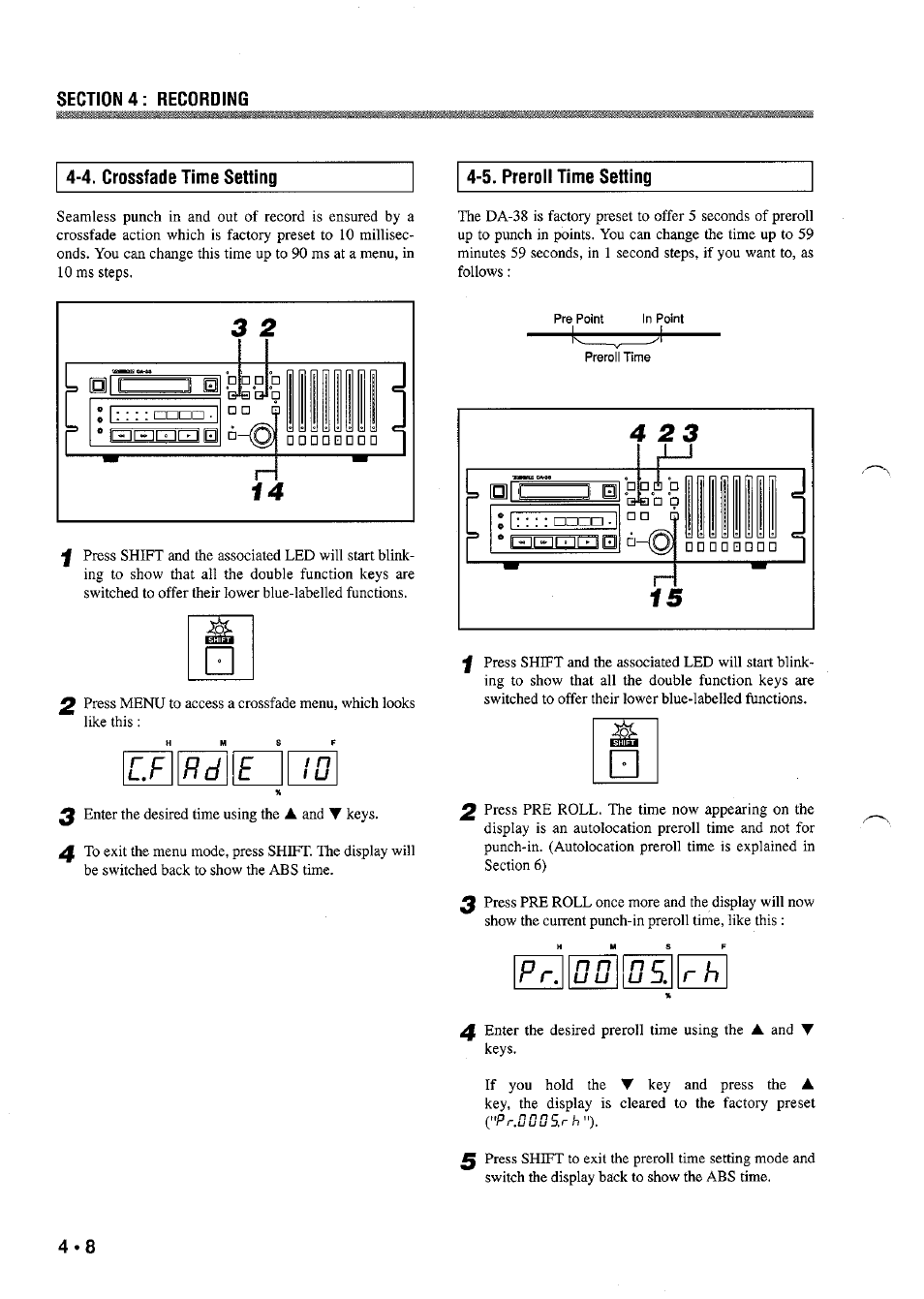 4. crossfade time setting, 5. preroll time setting, Cf rd e i n | Pr. n n u u, D,r h | Tascam DA-38 User Manual | Page 14 / 37