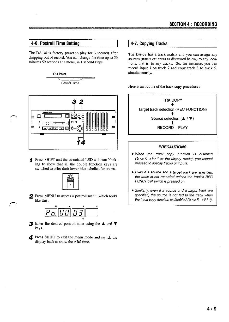 6. postroll time setting, 7. copying tracks, Trk copy 4 | Target track selection (rec function), Source selection {▲ / t), Record + play, Precautions | Tascam DA-38 User Manual | Page 15 / 37